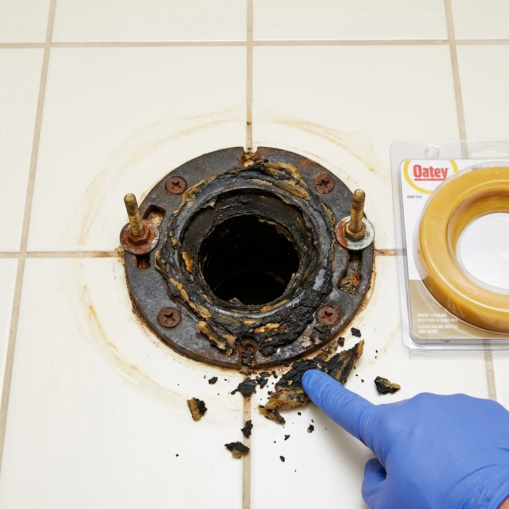 Failed wax ring showing water seepage at the base of a toilet in a Jasper, GA home