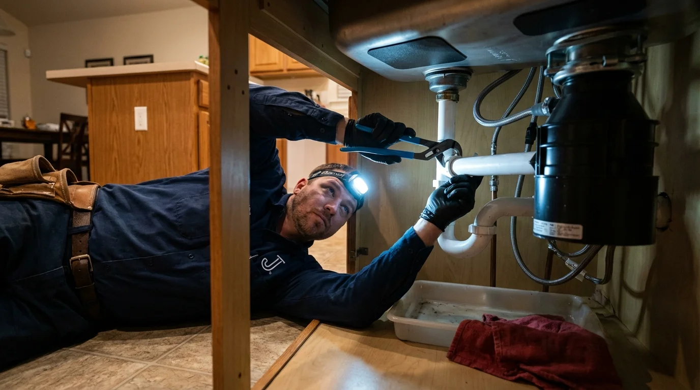 P-trap and supply line connections under a kitchen sink showing a common leak point in Jasper, GA